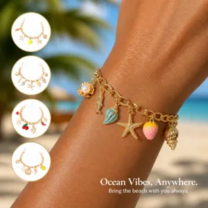 Summer Ocean Style Starfish Shell Strawberry Enamel Gold Plated Chain Bracelet For Women Tropical Vacation Jewelry
