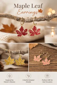 Detailed view of autumn enamel maple leaf earrings with vintage gold rim hanging on branch.