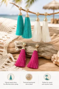 Boho tassel earrings with textured hammered dome design for resort vacation styling.