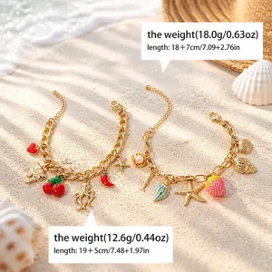 Summer beach style multi-element charm bracelet set with colorful seashell and fruit pendants.