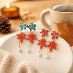 Autumn maple leaf pearl tassel earrings long high-end drop earrings for women forest style