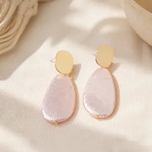 Pink pearlescent teardrop geometric earrings sweet style gold plated ear studs for women
