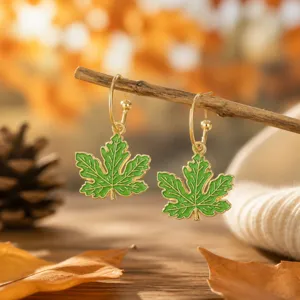 Autumn green maple leaf hoop earrings retro gold edge leaf pendant jewelry for women
