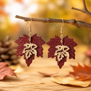 Retro double-layer red maple leaf earrings autumn winter contrast leaf hook jewelry