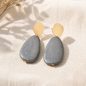 Dark gray textured drop earrings with gold-tone accents for women elegant retro daily wear