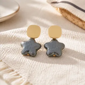 Dark grey star earrings detail shot, vintage textured pearl style jewelry for women close up