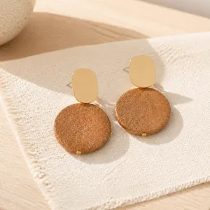 Retro vintage geometric drop earrings featuring gold oval top and textured brown pendant.