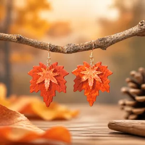 Maillard double layer maple leaf earrings, retro autumn leaf hook jewelry for women detail.
