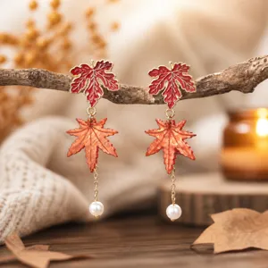 Exquisite autumn maple leaf and pearl dangle earrings, long tassel design for women.