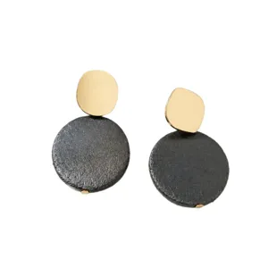 Elegant dark grey textured disc earrings with chic gold tone top accents for women fashion.
