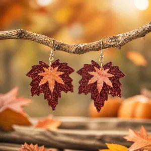 Autumn double layer maple leaf earrings red glitter resin drop earrings jewelry for women