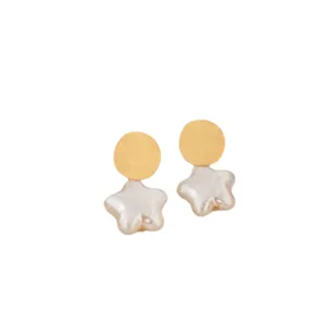 French style gold disc and irregular star pearl earrings main view product display