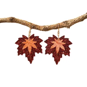 Gorgeous double-layered maple leaf earrings for women, retro autumn red and orange leaf jewelry.