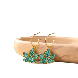 Gold hoop earrings with teal enamel maple leaf pendants, autumn style retro jewelry for women.