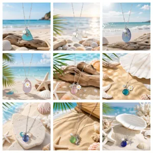 Detailed view of handmade sea glass necklaces featuring ocean themes, seashells, and starfish charms.