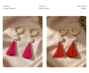 Vue détaillée de boucles d'oreilles pendantes perlées et pompons style bohème chic.