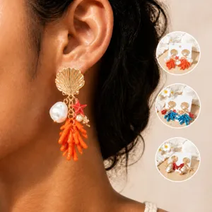 Pendientes Colgantes de Concha y Coral de Océano Tropical Aleación de Zinc Resina Concha Estrella de Mar Joyería de Playa para Mujeres