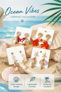 Vista detallada de pendientes con conchas y coral estilo océano para tus vacaciones de verano.