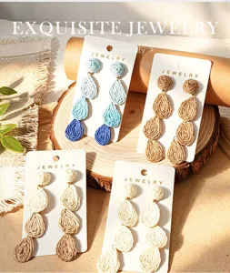 Handmade raffia drop earrings bohemian style, multi-color gradient woven dangle earrings vacation.
