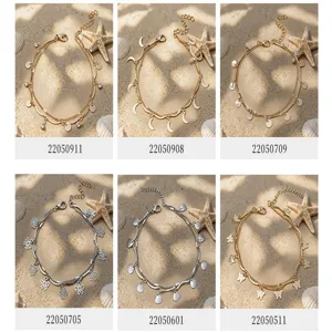 Chaines de cheville en metal double couche avec pendentif papillon lune plage bijoux femme