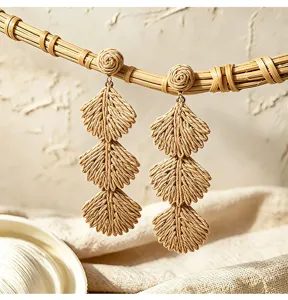 Handgemachte Raffia Faecher Detailaufnahme mit exquisiter geflochtener Strohstruktur Ohrringe.