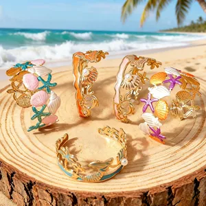 Style Vacances Marines Étoile de Mer Coquillage Émail Ouvert Bracelet Jonc Été Plage Voyage Mode Bijoux Pour Femmes