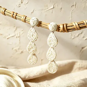 Bohemian raffia woven teardrop dangle earrings for women vacation summer beach jewelry style