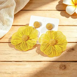 Boho yellow hollow metal flower earrings, stylish statement floral jewelry for women beach