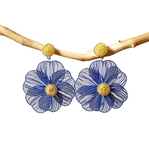 Large blue hollow metal flower earrings bohemian style vacation beach floral drop jewelry