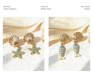 Pendientes colgantes de estilo marino con diseño de concha y estrella de mar esmaltada.