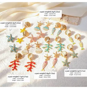 Set de pendientes de concha estrella de mar coral estilo océano para vacaciones de verano.