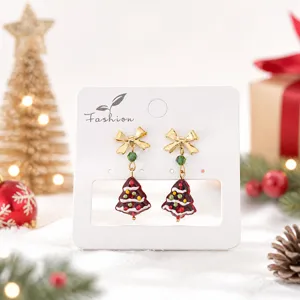Boucles d'oreilles sapin de Noël avec nœud papillon, bijoux festifs élégants en verre.