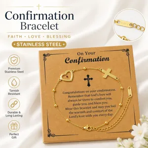 Bracelet Chaîne Perles Cœur Pendentif Graine de Moutarde Croix en Acier Inoxydable Bijou Religieux Cadeau Femme