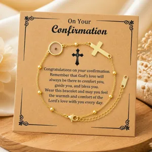 Bracelet croix et graine de moutarde en acier inoxydable cadeau confirmation sur carte kraft.