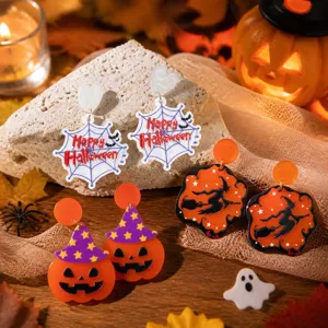Gotische Halloween Acryl Oorbellen Spookachtige Geest Pompoen Vleermuis Spinnenweb Oorknopjes Voor Vrouwen Feest Festival Sieraden
