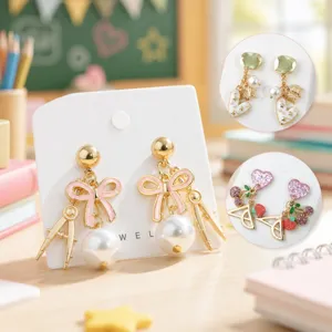 Terug naar School Schattige Strik Hart Emaille Oorknopjes Met Kunstparel Geometrische Legering Oorbellen Voor Vrouwen Sieraden