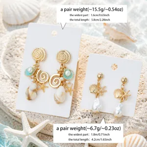 Set oorbellen met schelp en zeester in oceaanstijl, elegant strand resort sieraden accessoire.