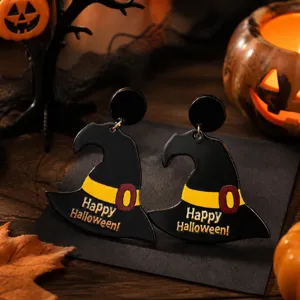 Gotische Halloween heksenhoed acryl oorbellen, griezelige pompoen vleermuis oorknopjes.