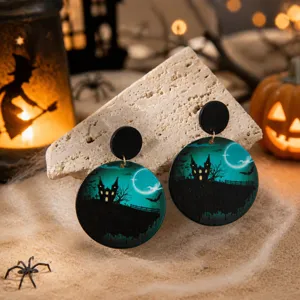 Gothische Halloween acryl oorwringen detail met griezelig kasteel en vleermuis motief.