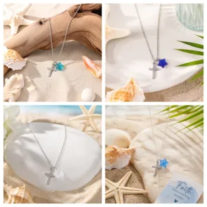 Beach style sea glass star cross necklace in stainless steel, perfect holiday jewelry.