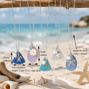 Detailed view of colorful sea glass pendant necklaces with beach charms and sizing details.