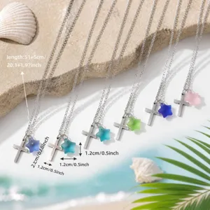 Stainless Steel Cross Sea Glass Star Pendant Necklace Beach Vacation Fashion Jewelry