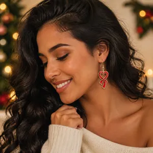 Pendientes de corazón lazo Navidad rojo oro joyería fiesta festivos colgantes