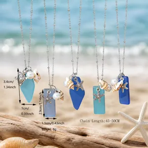 Ocean style sea glass pendant necklace with turtle and starfish charms for women