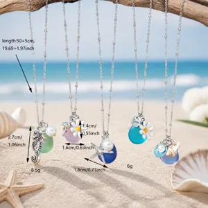Ocean style colorful sea glass pendant necklace set featuring shell, starfish and flower charms.