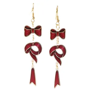 Pendientes largos colgantes de lazo rojo para mujer, joyería de oreja festiva para fiesta navideña.