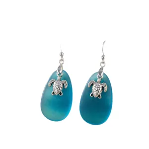 Blue sea glass silver turtle earrings for women beach style drop hook jewelry chic