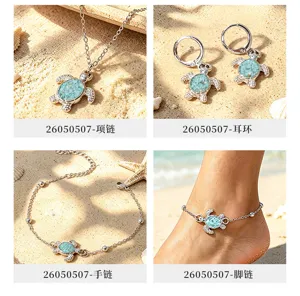 Beach vacation style turquoise sea turtle jewelry set necklace earrings bracelet anklet