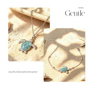 Ocean style turtle pendant necklace and bracelet set, niche design jewelry gift for women.