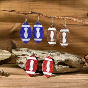 Damen Mode Sport PU Leder Rugby Pailletten Hängende Ohrringe Schickes Statement Schmuck Zubehör Geschenk